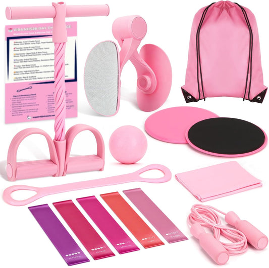 Pink 9-in-1 home workout kit with resistance bands, core sliders, pedal puller, jump rope, thigh trainer, massage ball, and storage bag
