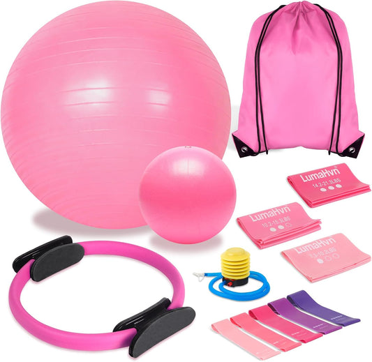 Pink home Pilates kit with 65cm exercise ball, Pilates ring, mini ball, resistance bands, pump, and carry bag