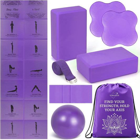 Purple foldable yoga mat starter set with yoga blocks, knee pads, strap, mini ball, resistance band, and storage bag
