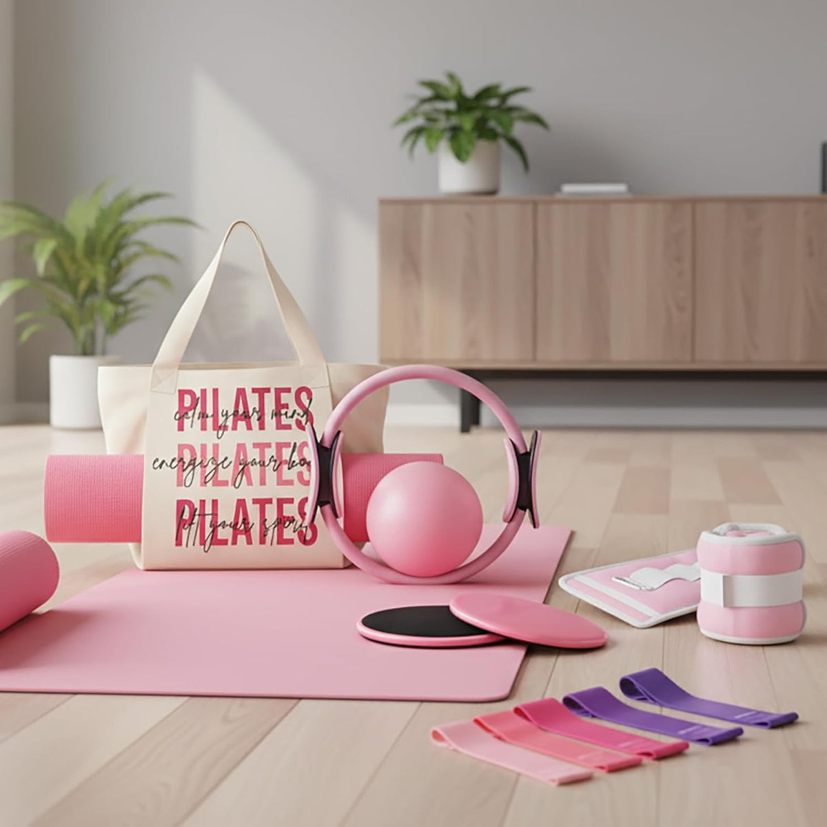 Pilates Kit for Women,Pilates Ring and Ball Set, Resistance Bands, Grip Socks & Yoga Mat Bag, Complete Pilates Essentials Starter Kit for Home Workouts, Pilates Equipment Gift Set for Beginners Pink
