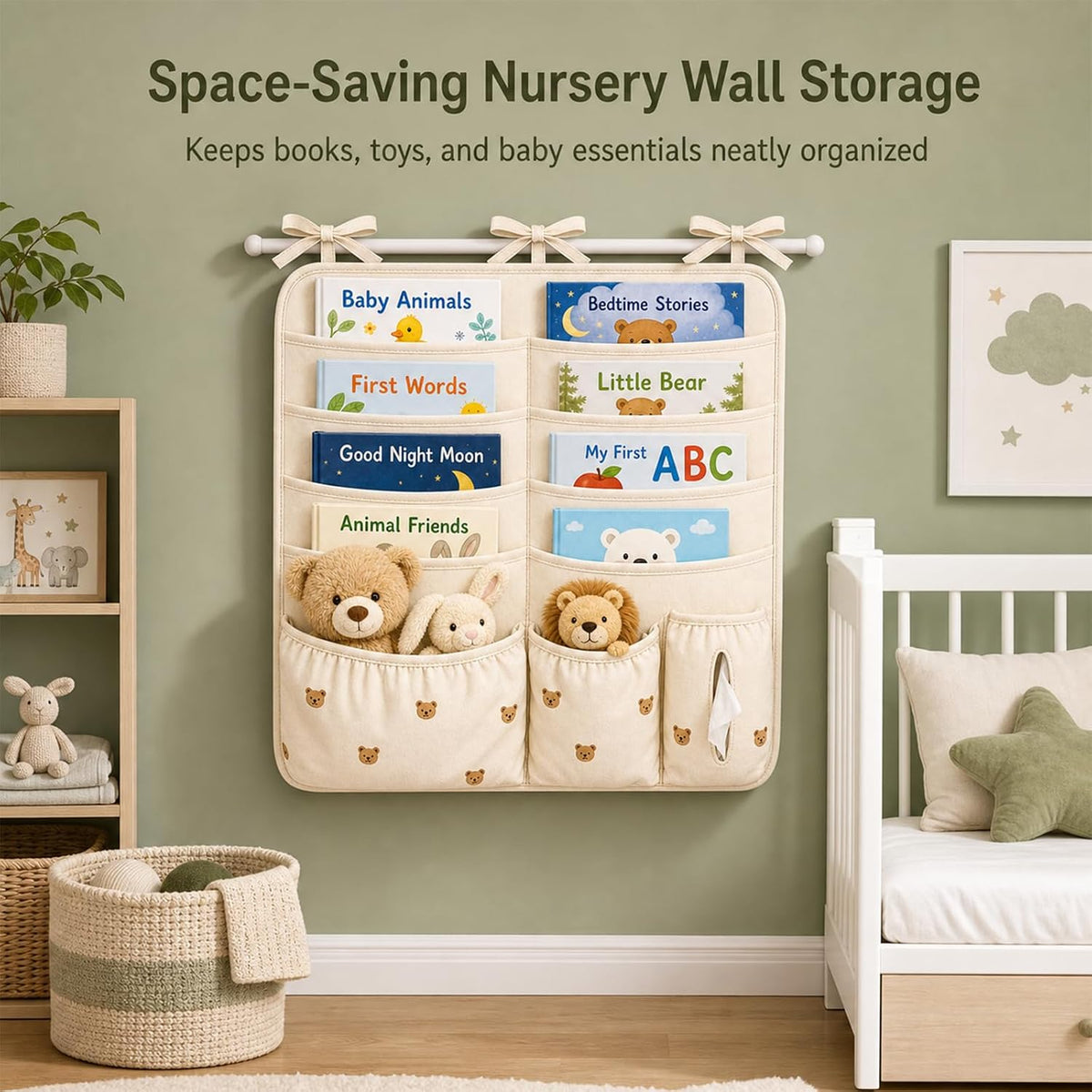 Bedside Caddy Nursery Playpen Organizer, Hanging Crib Book & Toy Storage