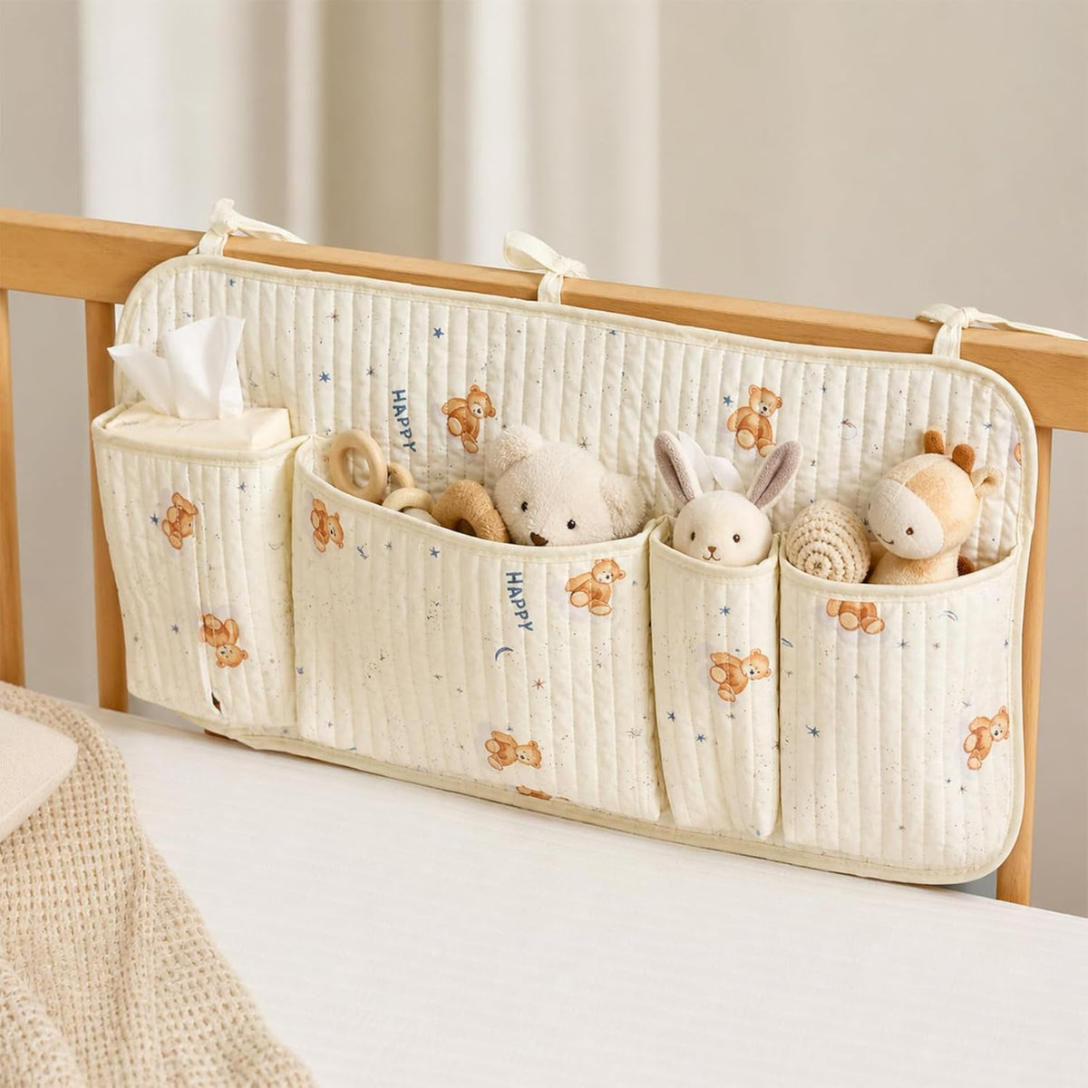 Bedside Caddy Nursery Playpen Organizer, Hanging Crib Book & Toy Storage