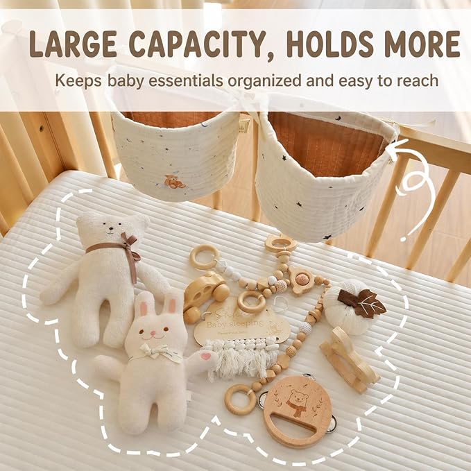 Baby Playpen Organizer Hanging Baskets, 2 Pack Cotton Nursery Storage for Toys & Books, Crib Caddy Bedside Organizer, Baby Organizers and Storage for Baby Shower, Bear & Floral