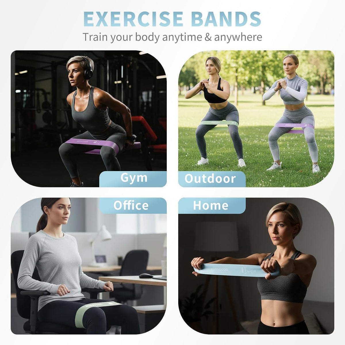 Silicone Resistance Bands, 4-Pack Exercise Loop Bands | Latex-free silicone, honeycomb inner grip, 4 levels for Pilates, glutes, legs, mobility and home workouts