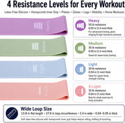 Silicone Resistance Bands, 4-Pack Exercise Loop Bands | Latex-free silicone, honeycomb inner grip, 4 levels for Pilates, glutes, legs, mobility and home workouts