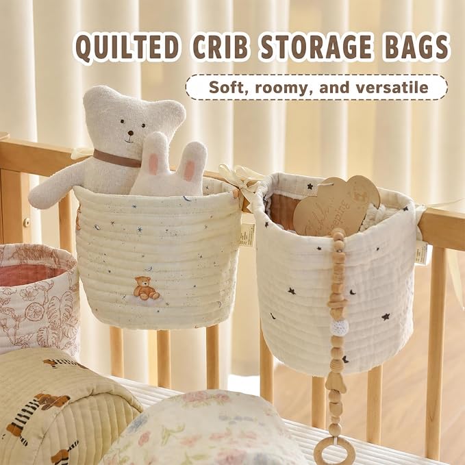 Baby Playpen Organizer Hanging Baskets, 2 Pack Cotton Nursery Storage for Toys & Books, Crib Caddy Bedside Organizer, Baby Organizers and Storage for Baby Shower, Bear & Floral