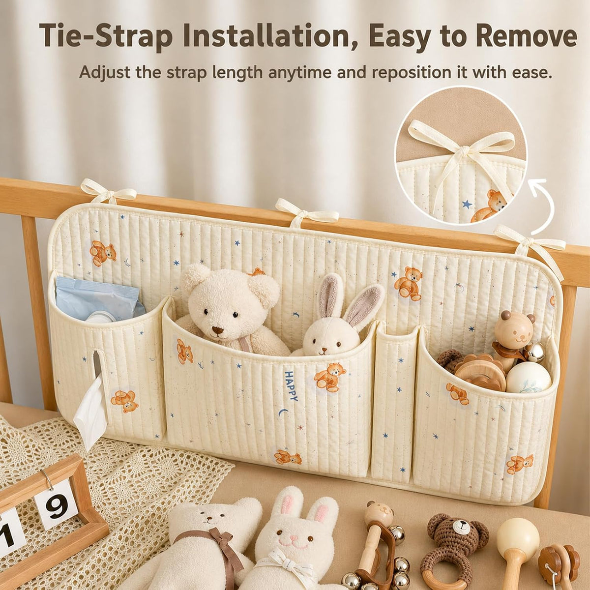 Bedside Caddy Nursery Playpen Organizer, Hanging Crib Book & Toy Storage