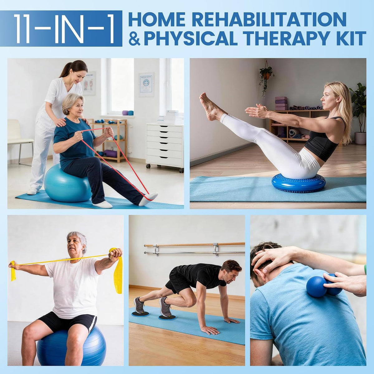 Physical Therapy Equipment, Inflatable Balance Disc and Wobble Cushion Kit | 11-Piece Balance Training Equipment, Physical Therapy Tools, Rehabilitation Equipment for Mobility, Stretching and Stability