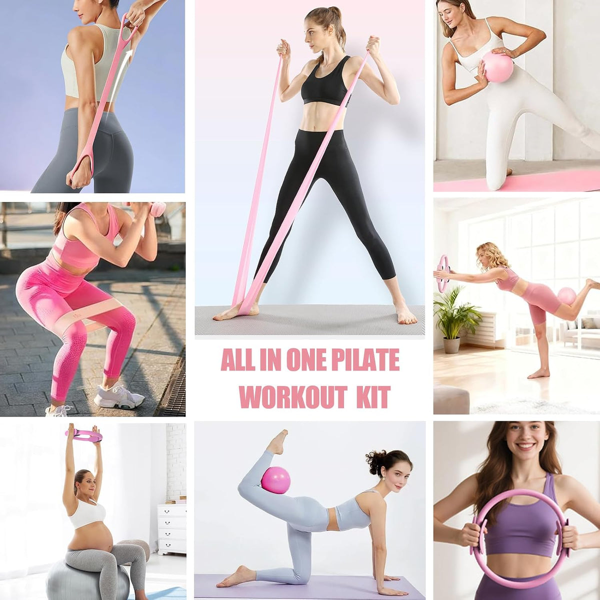 Pilates Kit for Women,Pilates Ring and Ball Set, Resistance Bands, Grip Socks & Yoga Mat Bag, Complete Pilates Essentials Starter Kit for Home Workouts, Pilates Equipment Gift Set for Beginners Pink