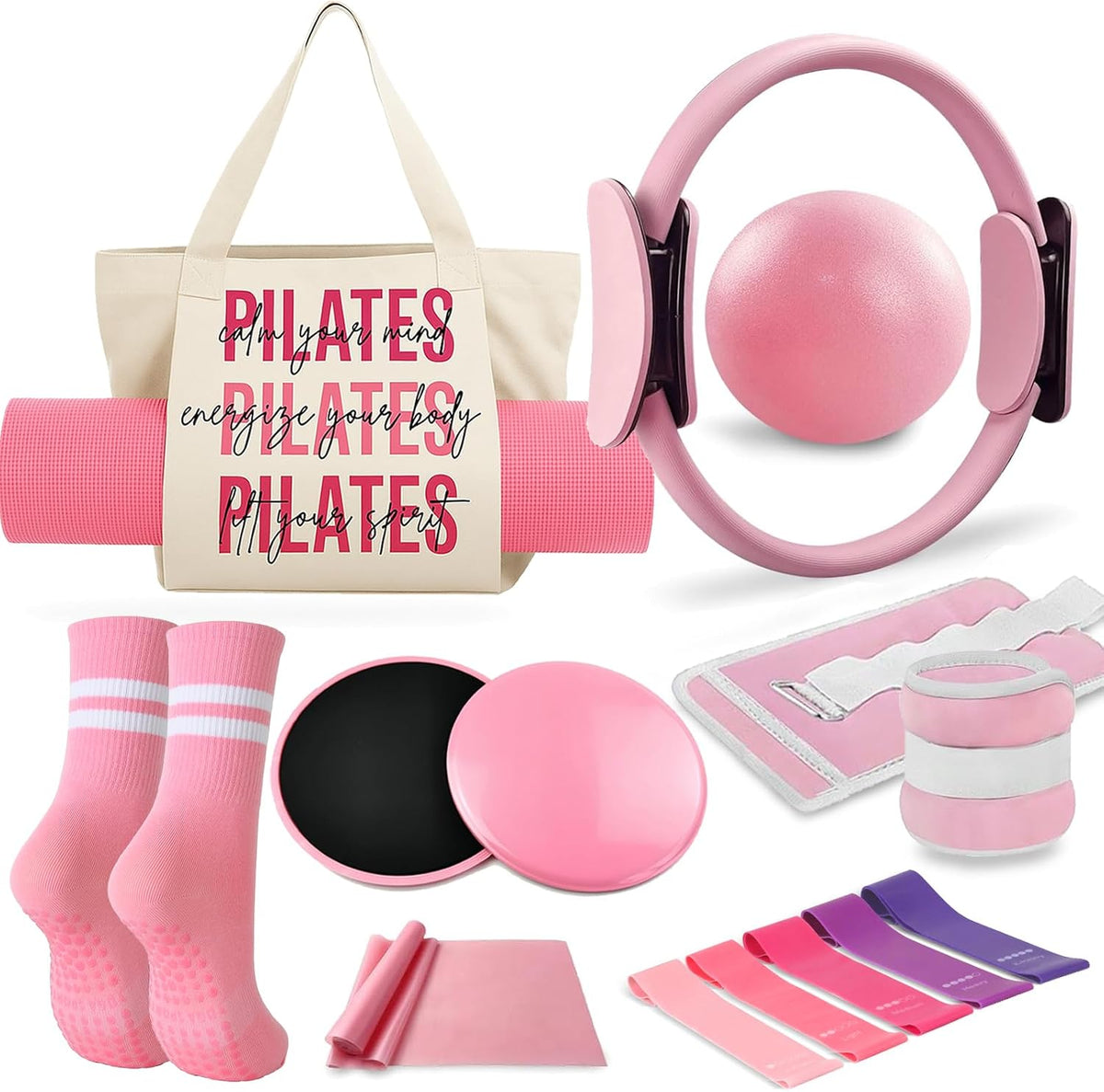 Pilates Kit for Women,Pilates Ring and Ball Set, Resistance Bands, Grip Socks & Yoga Mat Bag, Complete Pilates Essentials Starter Kit for Home Workouts, Pilates Equipment Gift Set for Beginners Pink