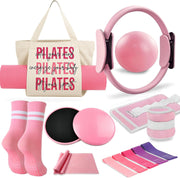 Pilates Kit for Women,Pilates Ring and Ball Set, Resistance Bands, Grip Socks & Yoga Mat Bag, Complete Pilates Essentials Starter Kit for Home Workouts, Pilates Equipment Gift Set for Beginners Pink