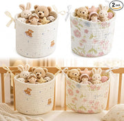 Baby Playpen Organizer Hanging Baskets, 2 Pack Cotton Nursery Storage for Toys & Books, Crib Caddy Bedside Organizer, Baby Organizers and Storage for Baby Shower, Bear & Floral