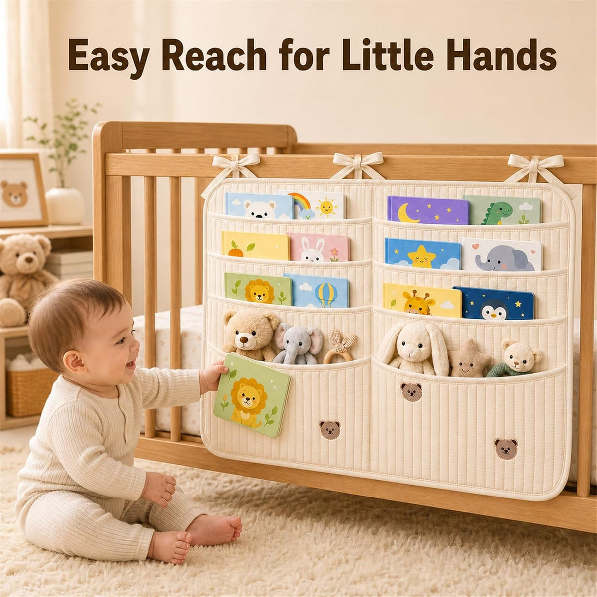 Bedside Caddy Nursery Playpen Organizer, Hanging Crib Book & Toy Storage