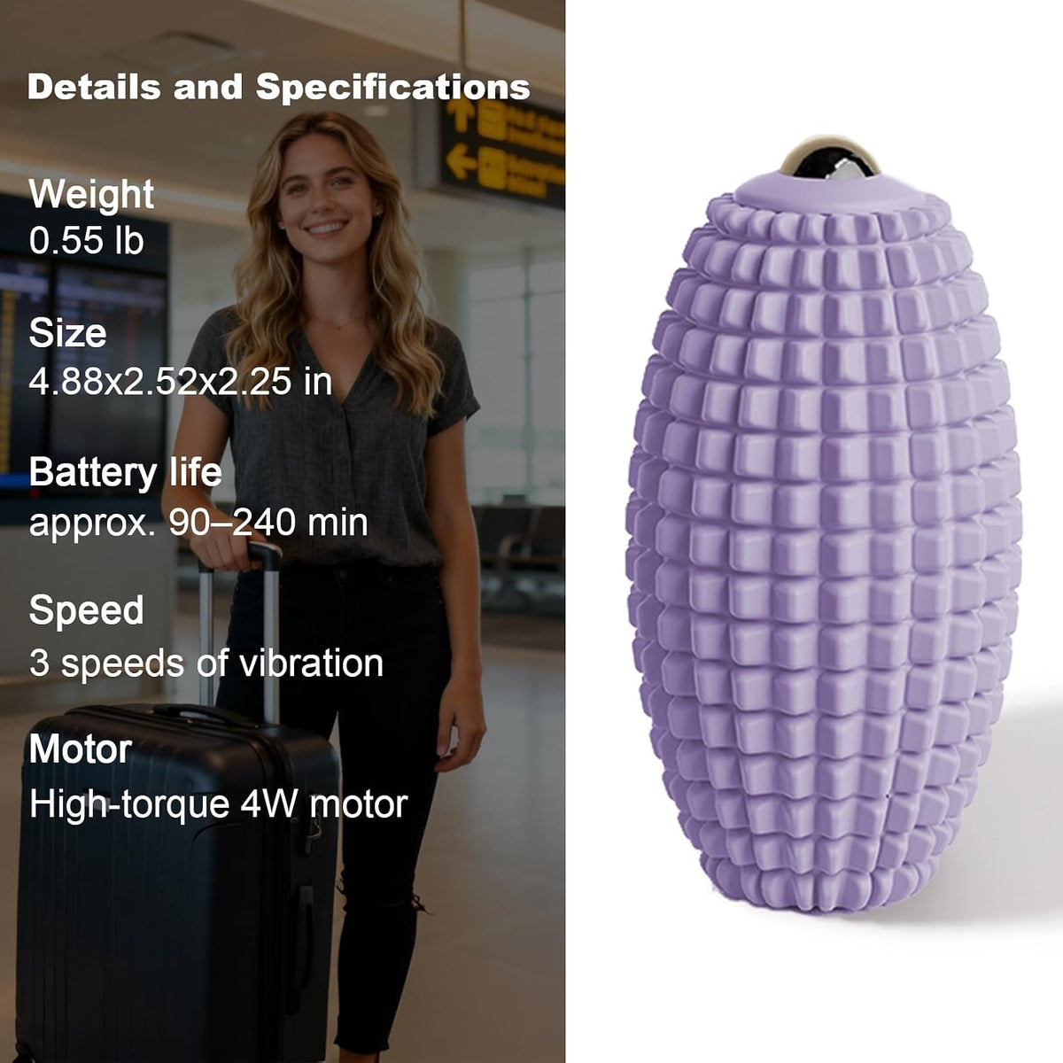 HODEMI Vibrating Massage Ball with Magnetic Rolling Head, Handheld High-Frequency Vibration Massager, 3 Speed Levels, Rechargeable Silicone Massage Roller for Gym, Office, and Travel Use (Purple)