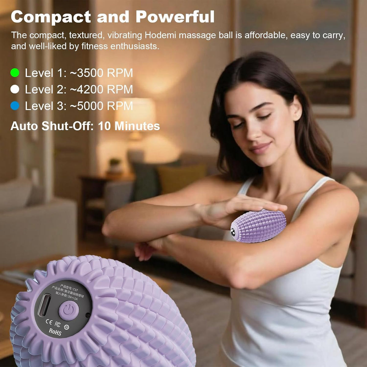 HODEMI Vibrating Massage Ball with Magnetic Rolling Head, Handheld High-Frequency Vibration Massager, 3 Speed Levels, Rechargeable Silicone Massage Roller for Gym, Office, and Travel Use (Purple)