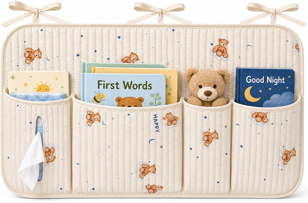 Bedside Caddy Nursery Playpen Organizer, Hanging Crib Book & Toy Storage