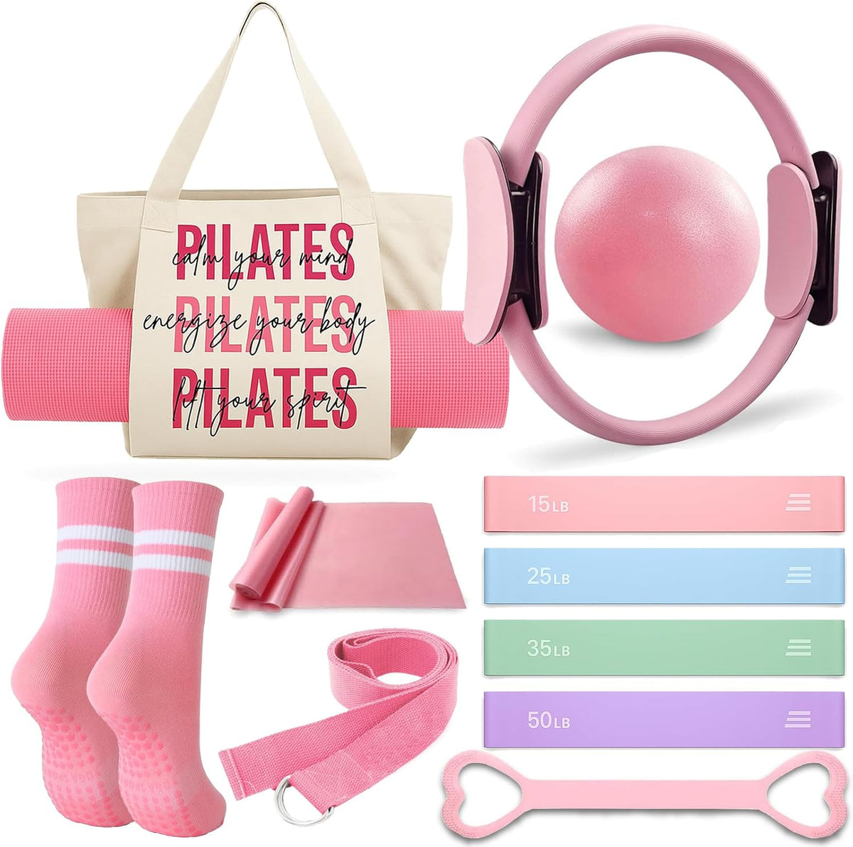 Pilates Kit for Women,Pilates Ring and Ball Set, Resistance Bands, Grip Socks & Yoga Mat Bag, Complete Pilates Essentials Starter Kit for Home Workouts, Pilates Equipment Gift Set for Beginners Pink