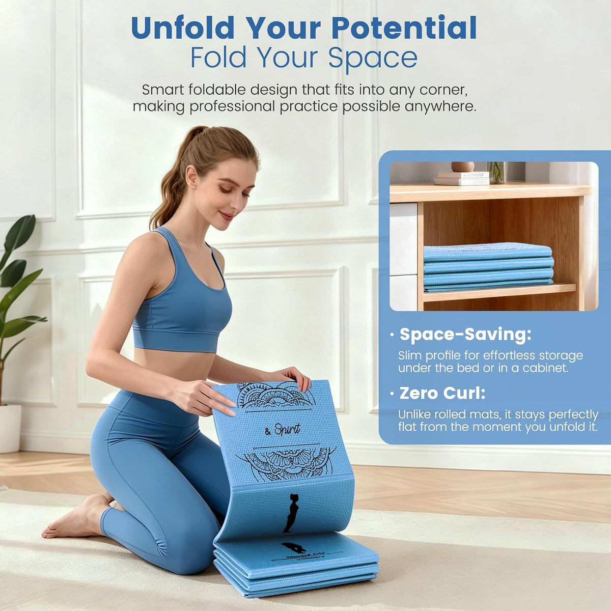 Foldable Yoga Mat and Blocks Set for Women with 2 Pack Yoga Blocks and Strap,Thin Non Slip Pilates Mat with Bag, Home Workout Equipment Essentials Starter Kit for Beginners Full Body Toning