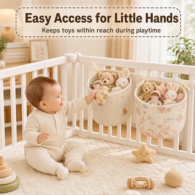 Baby Playpen Organizer Hanging Baskets, 2 Pack Cotton Nursery Storage for Toys & Books, Crib Caddy Bedside Organizer, Baby Organizers and Storage for Baby Shower, Bear & Floral
