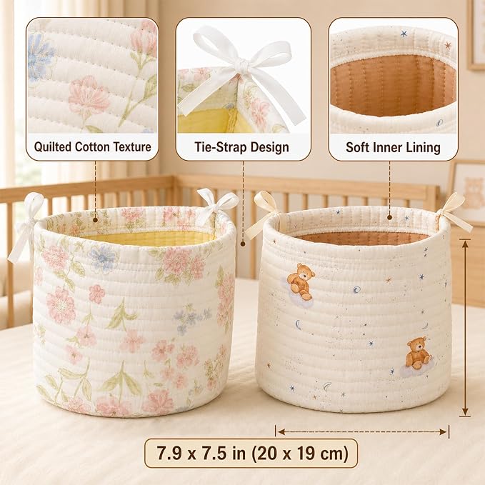Baby Playpen Organizer Hanging Baskets, 2 Pack Cotton Nursery Storage for Toys & Books, Crib Caddy Bedside Organizer, Baby Organizers and Storage for Baby Shower, Bear & Floral