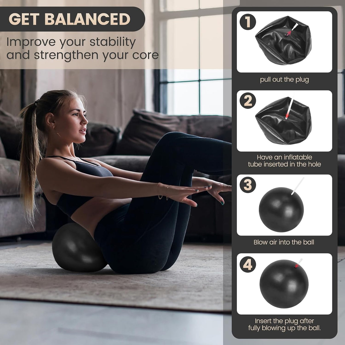 Pilates Essentials Kit for Home Workouts Women, Black Pilates Equipment Set with 9 Inch Yoga Ball, Pilates Slider, Resistance Band, yoga straps for stretching, Pilates Ring and Ball Set for Beginners