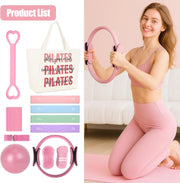 Pilates Kit for Women,Pilates Ring and Ball Set, Resistance Bands, Grip Socks & Yoga Mat Bag, Complete Pilates Essentials Starter Kit for Home Workouts, Pilates Equipment Gift Set for Beginners Pink