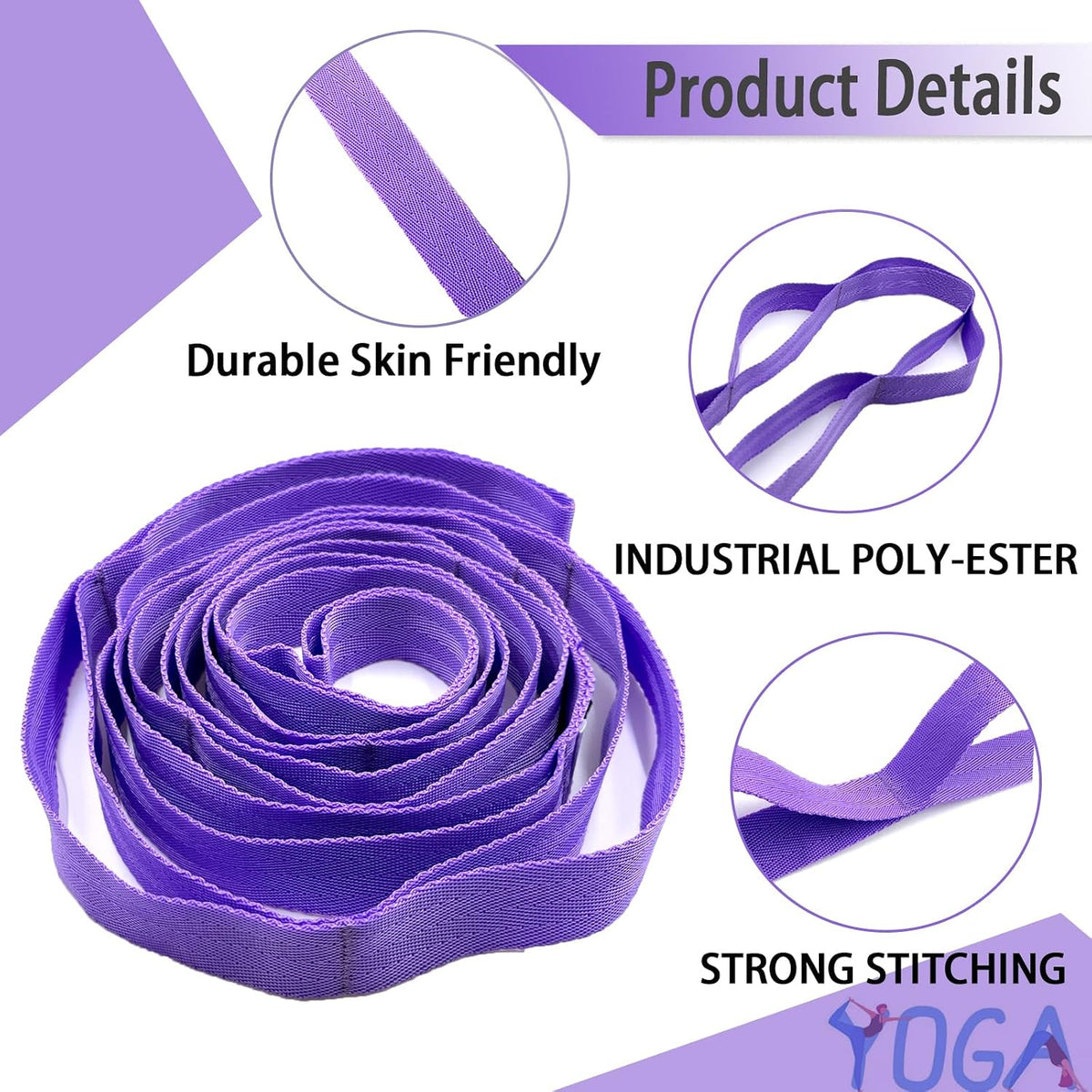 Stretching Strap Yoga Strap with Loops for Physical Therapy, Non-Elastic | 10 Loops, 75 inches length, Multi-Color Selection for Yoga Strap for Stretching, Pilates, Dance and Gymnastics