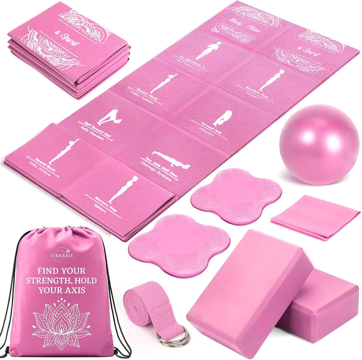 Foldable Yoga Mat and Blocks Set for Women with 2 Pack Yoga Blocks and Strap,Thin Non Slip Pilates Mat with Bag, Home Workout Equipment Essentials Starter Kit for Beginners Full Body Toning