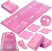 Foldable Yoga Mat and Blocks Set for Women with 2 Pack Yoga Blocks and Strap,Thin Non Slip Pilates Mat with Bag, Home Workout Equipment Essentials Starter Kit for Beginners Full Body Toning